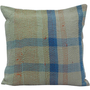 India Decor Beige and Green plaid Vintage Kantha Pillow 